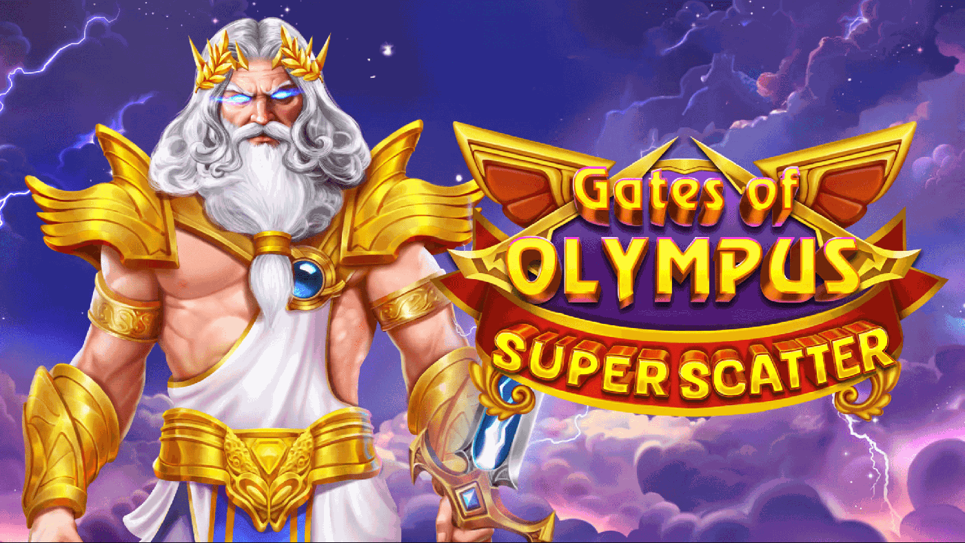 Gates of Olympus Super Scatter: goldene Rüstung des Zeus vor violetten Olymp-Wolken, im Hintergrund das goldumrahmte 6x5-Walzenfeld mit blauem Diamant-Symbol, roter Kugel mit Krone und Multiplikator-Kugeln